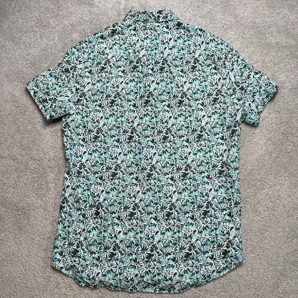 J Crew Linen Button Down Shirt Mens Medium Slim Floral Green Short Sleeve Preppy - Picture 5 of 6
